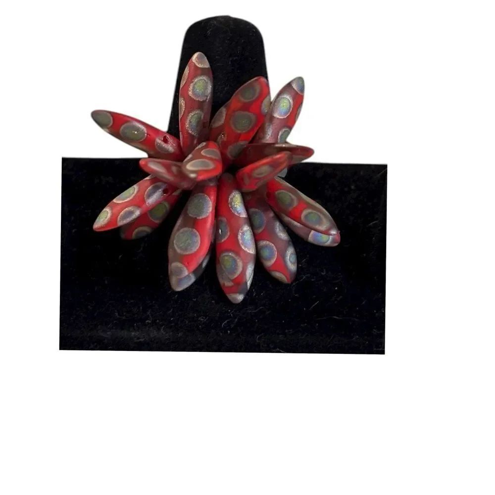Polymer Clay & Glass Beaded Spiked 3D Stretch Statement Ring.
